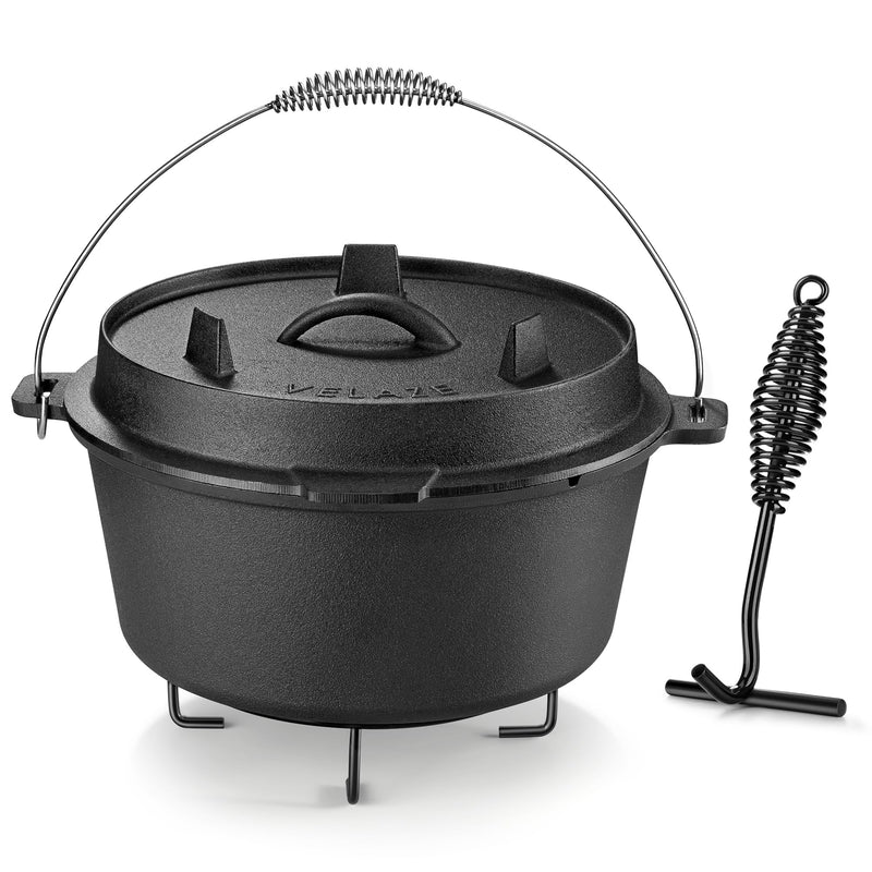 Velaze 10QT Camping Dutch Oven Pre-Seasoned Cast Iron Camp Dutch Oven Pot with Lid for Use in the Oven on the Stove Grill or over the Campfire - Metal Handle Lid Lifter and Tripod